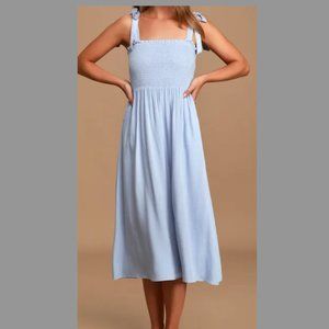 Lulus Looking Up Light Blue Smocked Tie-Strap Midi Dress